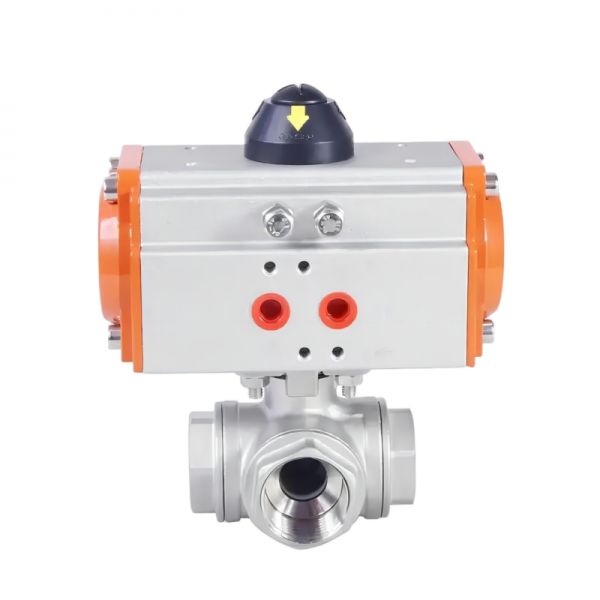 Three Way Three pieces Stainless Steel Pneumatic Ball Valve Female Thread Double Acting Cylinder Actuator Ball Valve