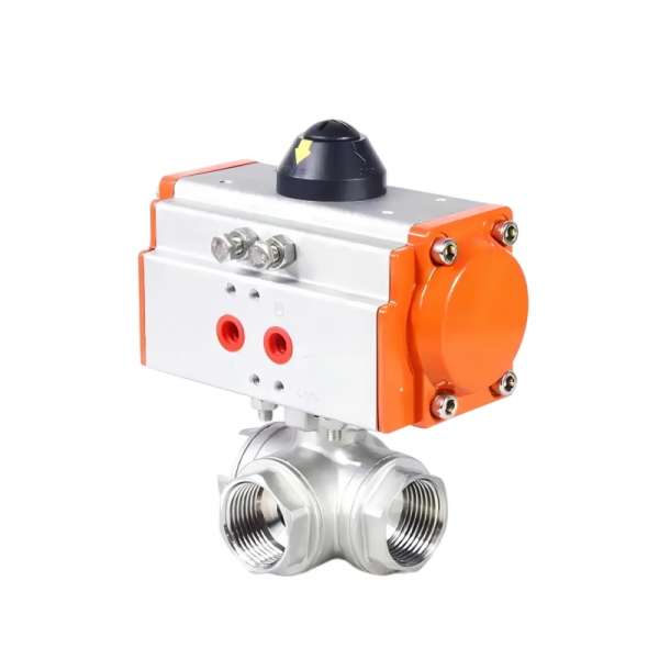 Three Way Three pieces Stainless Steel Pneumatic Ball Valve Female Thread Double Acting Cylinder Actuator Ball Valve