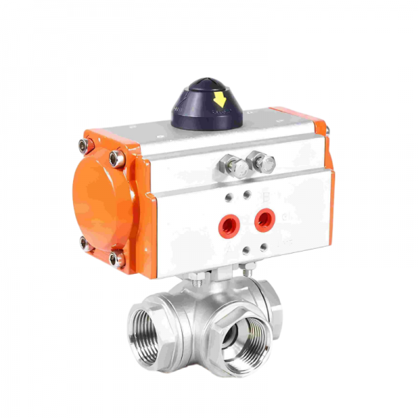 Three Way Three pieces Stainless Steel Pneumatic Ball Valve Female Thread Double Acting Cylinder Actuator Ball Valve