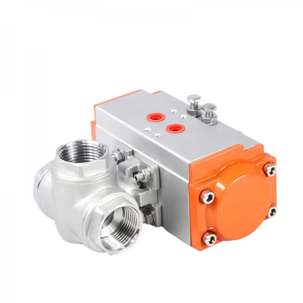 Three Way Three pieces Stainless Steel Pneumatic Ball Valve Female Thread Double Acting Cylinder Actuator Ball Valve