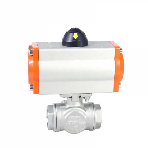Three Way Three pieces Stainless Steel Pneumatic Ball Valve Female Thread Double Acting Cylinder Actuator Ball Valve