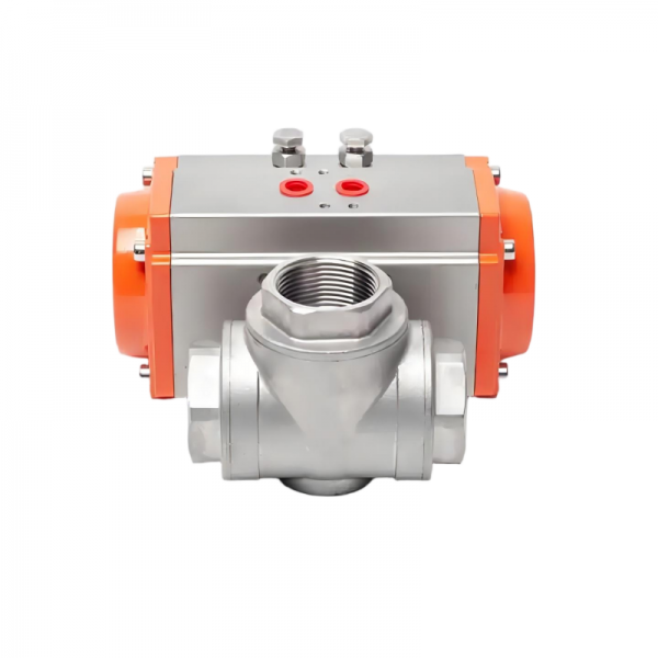 Three Way Three pieces Stainless Steel Pneumatic Ball Valve Female Thread Double Acting Cylinder Actuator Ball Valve