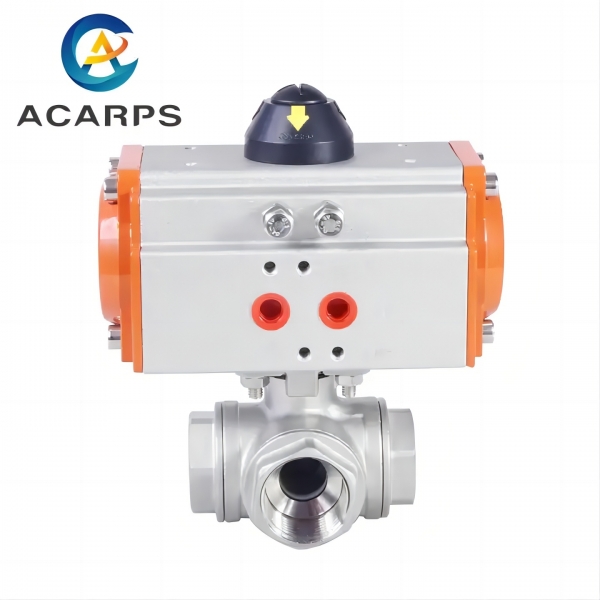 Three Way Three pieces Stainless Steel Pneumatic Ball Valve Female Thread Double Acting Cylinder Actuator Ball Valve