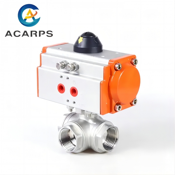 Three Way Three pieces Stainless Steel Pneumatic Ball Valve Female Thread Double Acting Cylinder Actuator Ball Valve