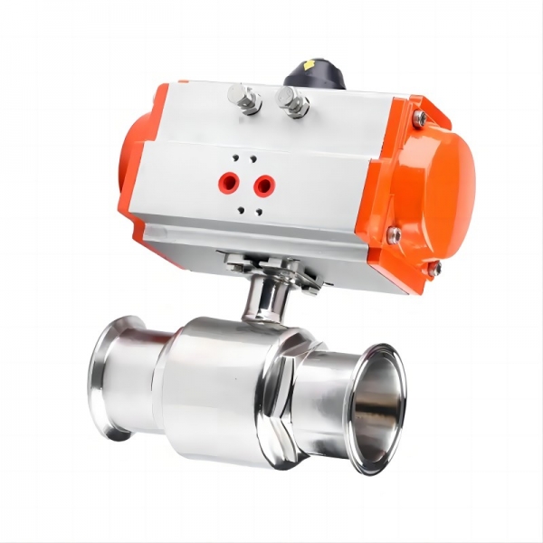 Stainless Steel Sanitary Ball Valve Two Piece Tri Clamp Ferrule Type With Double Acting Cylinder