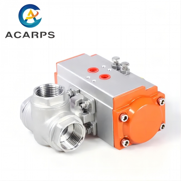 Three Way Three pieces Stainless Steel Pneumatic Ball Valve Female Thread Double Acting Cylinder Actuator Ball Valve