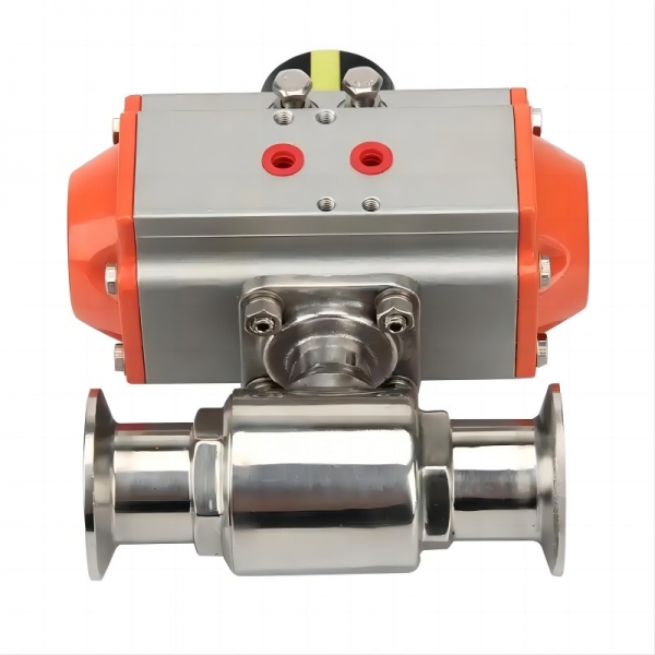 Stainless Steel Sanitary Ball Valve Two Piece Tri Clamp Ferrule Type With Double Acting Cylinder