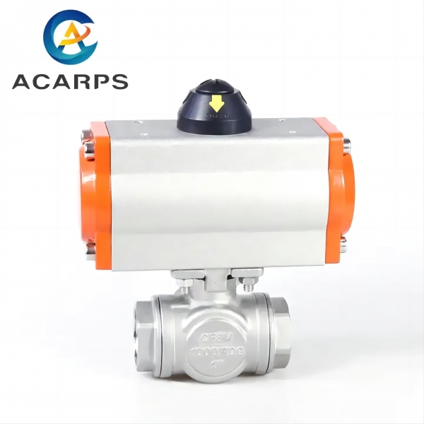 Three Way Three pieces Stainless Steel Pneumatic Ball Valve Female Thread Double Acting Cylinder Actuator Ball Valve