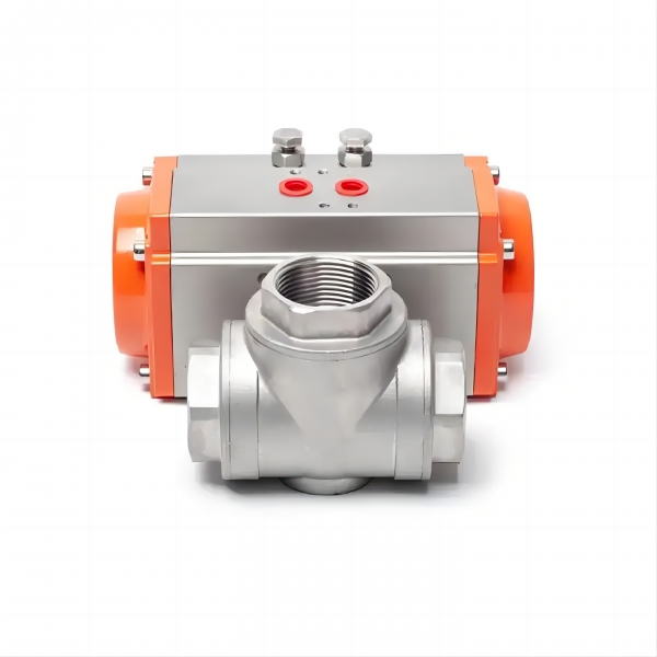 Three Way Three pieces Stainless Steel Pneumatic Ball Valve Female Thread Double Acting Cylinder Actuator Ball Valve