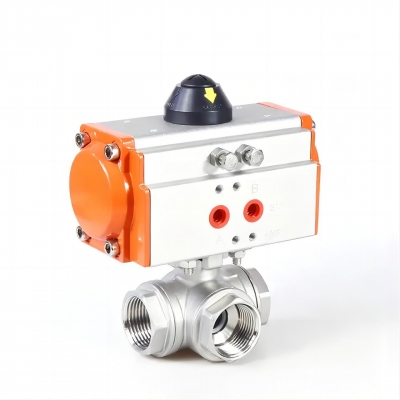 Three Way Three pieces Stainless Steel Pneumatic Ball Valve Female Thread Double Acting Cylinder Actuator Ball Valve